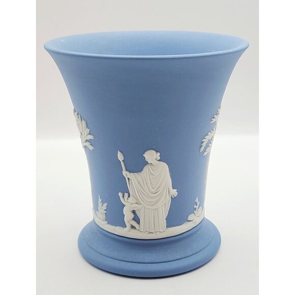 Wedgwood Blue Jasperware Trumpet Vase Cup White Muse Goddess Design 4 Inches - Picture 3 of 9
